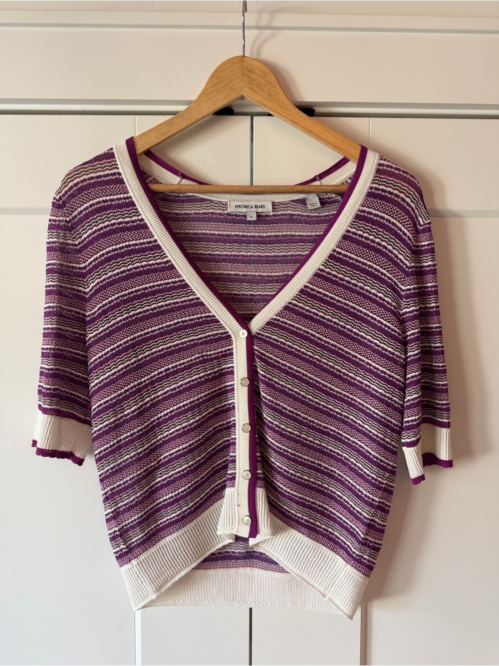 Veronica Beard Purple and White Striped Short-Sleeve Cardigan